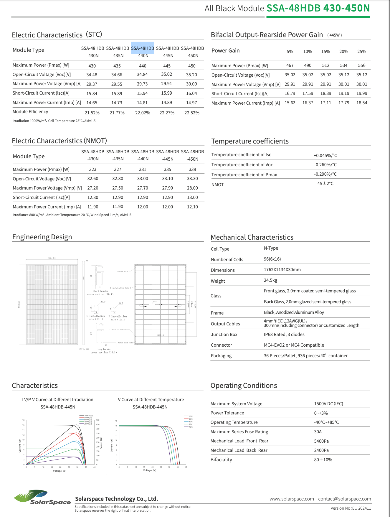 Moduł solarny 440W BIFACIAL FULLBLACK, szkło/szkło, SolarSpace, Lumina 2