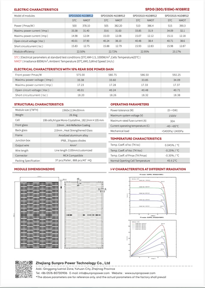 Sunpro 500W Glas/Glas/bifacial Solarmodule
