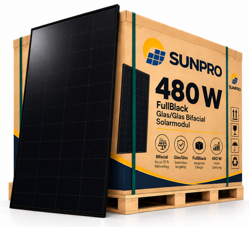 SUNPRO 480W FullBlack, Glas/Glas/bifacial Solarmodul